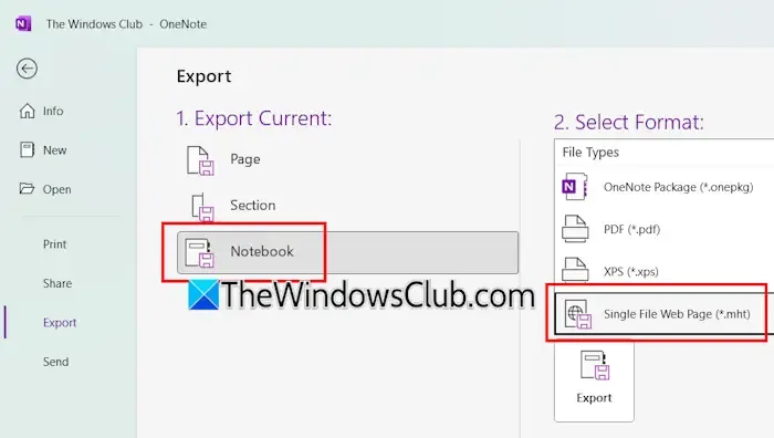 OneNote-notitieboek exporteren als MHT