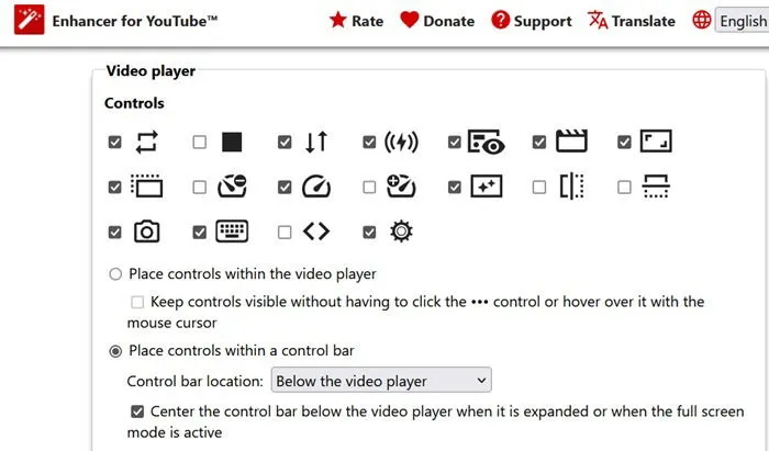 Opties in de bedieningsbalk voor de Enhancer-add-on voor een soepele YouTube-ervaring.