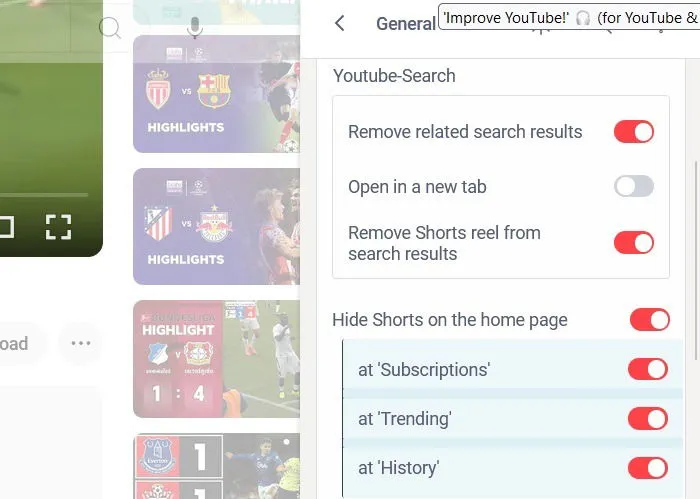 Ocultando shorts e resultados de pesquisa relacionados no YouTube com a extensão Improve YouTube para Firefox.