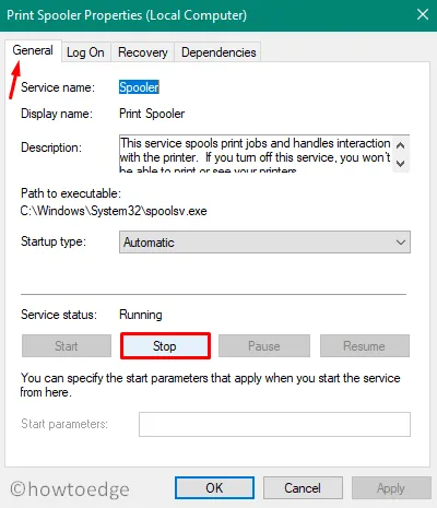 Propriétés du service de spouleur d'impression dans Windows 10