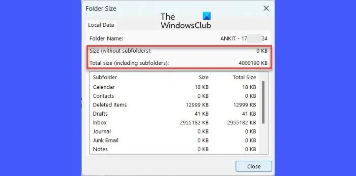 Folder Size Outlook account