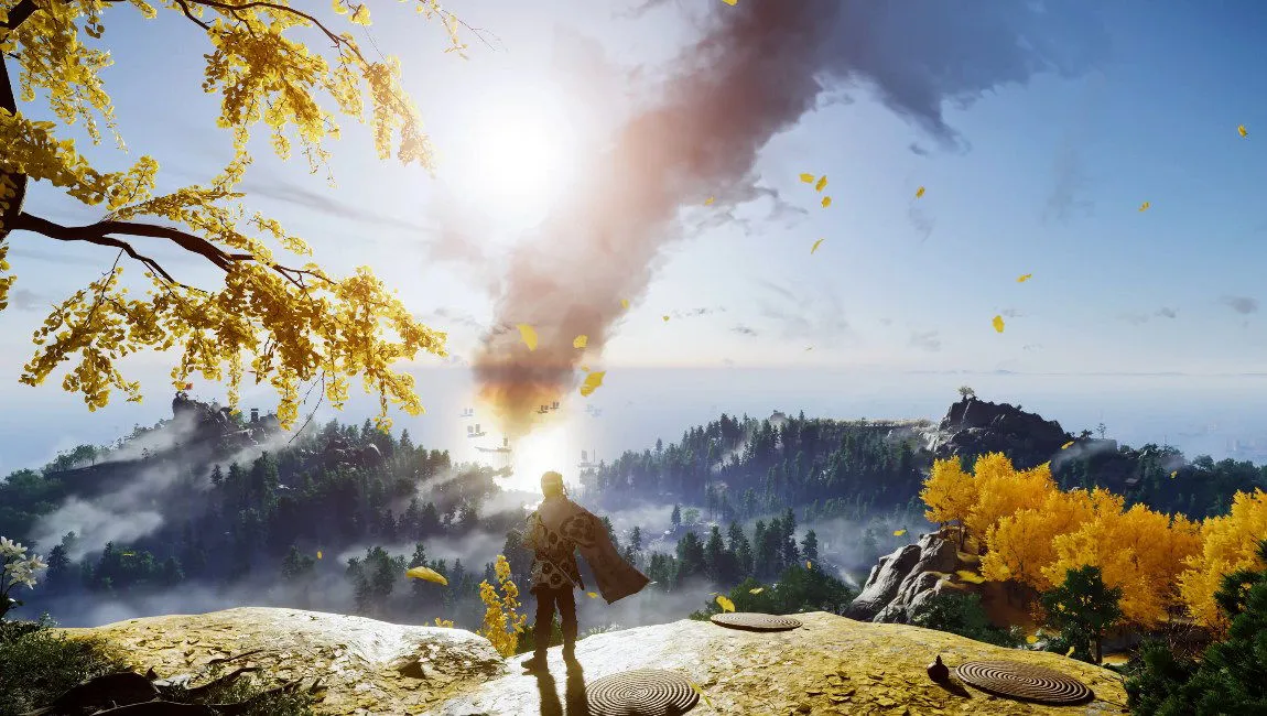 Une scène tranquille de Ghost of Tsushima, avec un samouraï debout gracieusement au sommet d'une colline entourée de feuilles dorées.