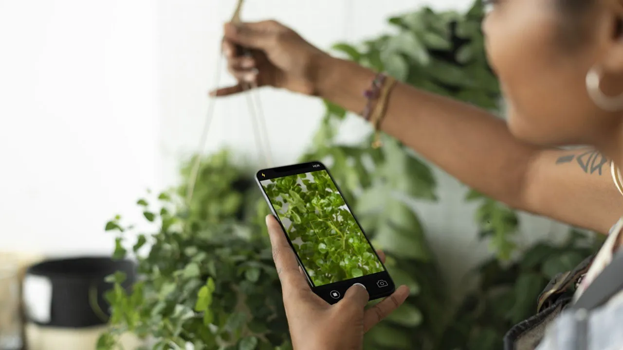 Vrouw maakt foto van kamerplant om te delen op sociale media