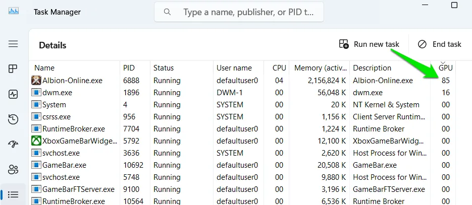 GPU usage column in Task Manager