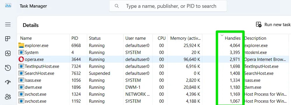 Handles Column in Task Manager