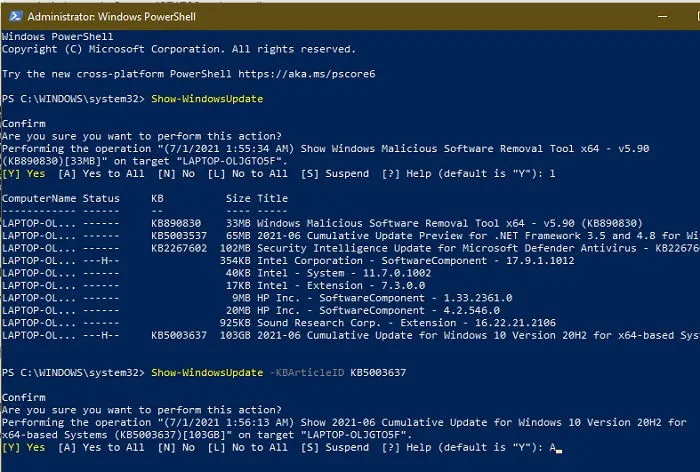 Cómo ocultar actualizaciones mediante PowerShell en Windows 10 Confirmar Mostrar