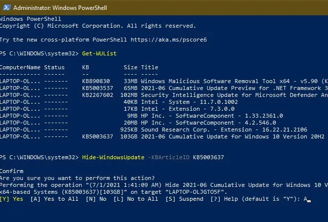 So verbergen Sie Updates mit PowerShell in Windows 10. Hidden KB Confirm