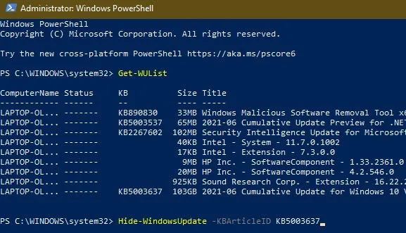 Comment masquer les mises à jour à l'aide de PowerShell dans Windows 10 Hidden Kb