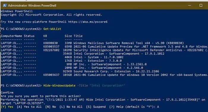 Comment masquer les mises à jour à l'aide de PowerShell dans Windows 10 Masquer la mise à jour Confirmer