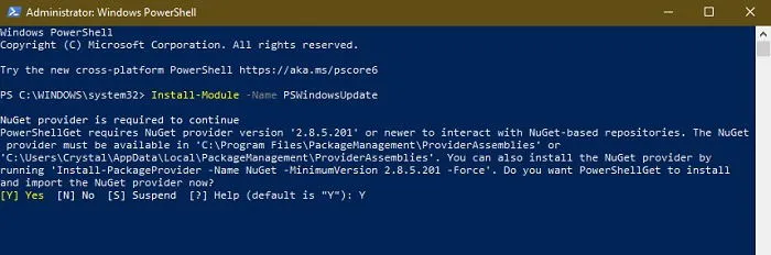 Come nascondere gli aggiornamenti utilizzando PowerShell in Windows 10 PowerShell Conferma installazione