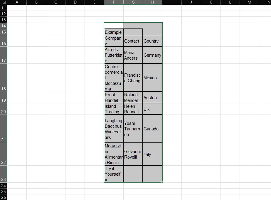 Capture d'écran Excel