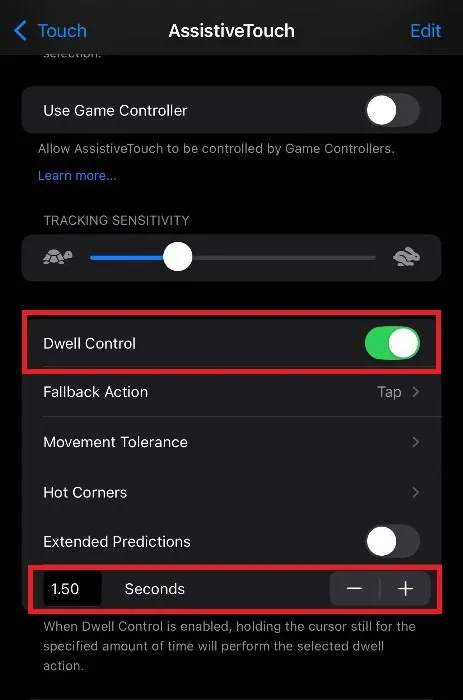 Capture d'écran des paramètres AssistiveTouch sur l'iPhone, mettant l'accent sur la fonction Dwell Control.