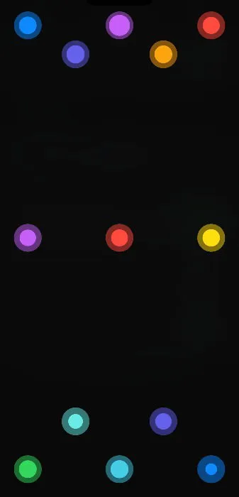 Una captura de pantalla que ilustra la fase de calibración de seguimiento ocular del iPhone, resaltando trece puntos distintos de la pantalla en los que enfocar.