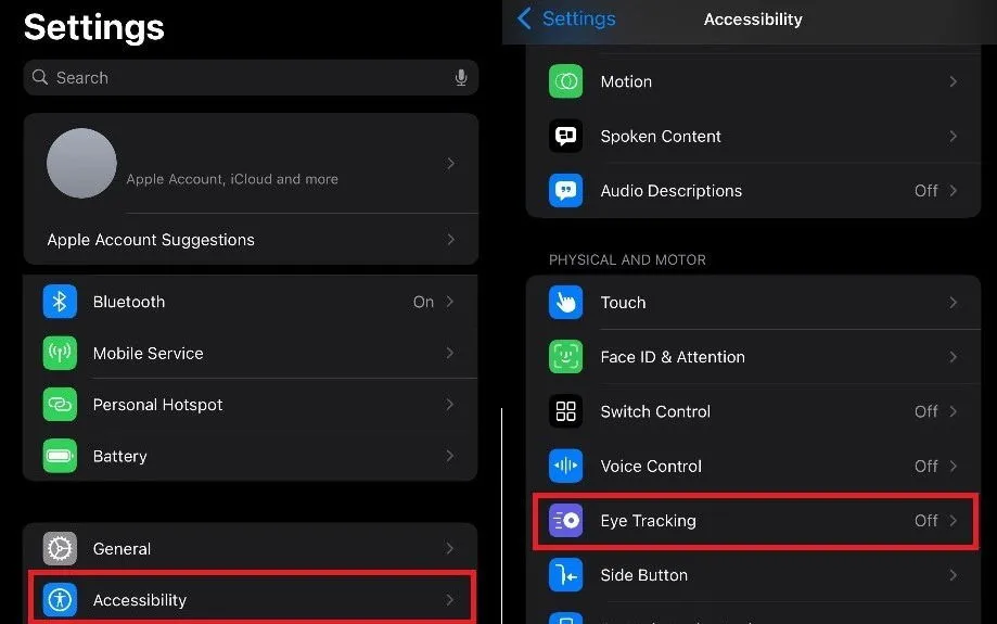 Screenshots displaying the Accessibility section of the iPhone settings, highlighting the Eye Tracking feature.