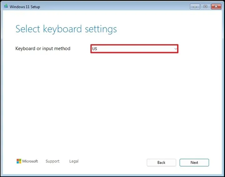 Opcja klawiatury instalacyjnej systemu Windows 11