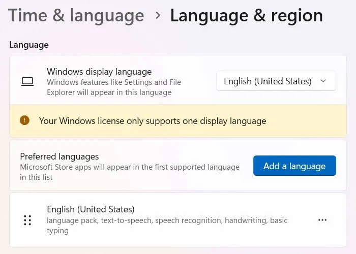 Schaltfläche „Sprache hinzufügen“ zum Integrieren neuer Sprachpakete in Windows 11.