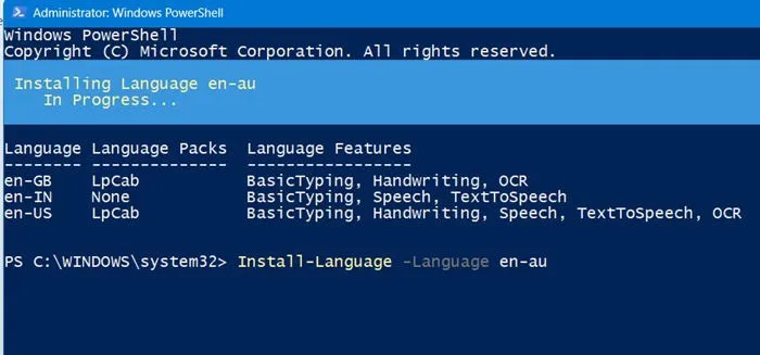 Installation de l'anglais australien via la commande PowerShell sous Windows.