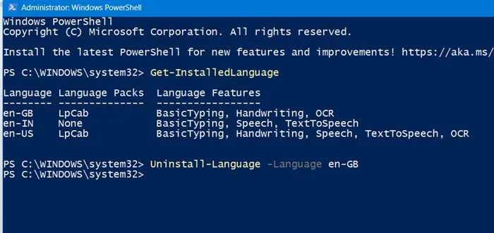 Desinstalar el inglés británico de Windows mediante el método PowerShell.