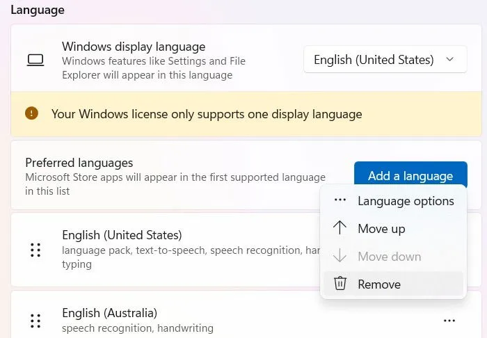 Eliminar el paquete de idioma inglés australiano de Configuración.