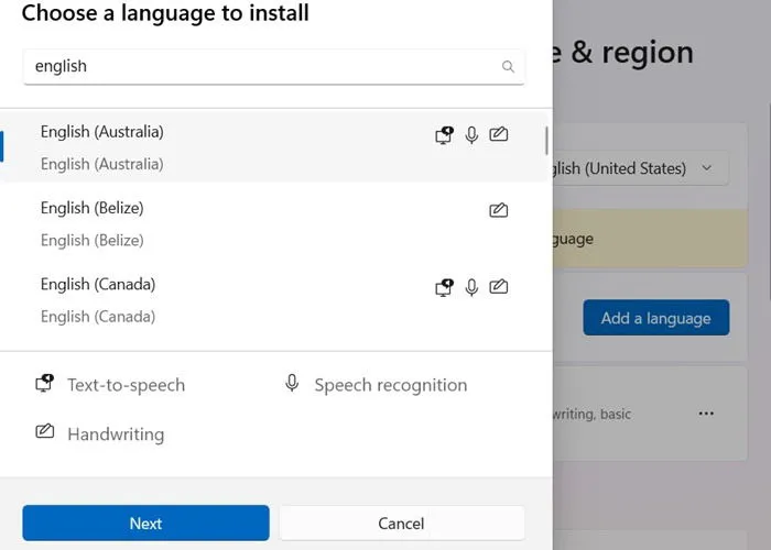 Selecting English (Australia) to be added as a new language in Windows.