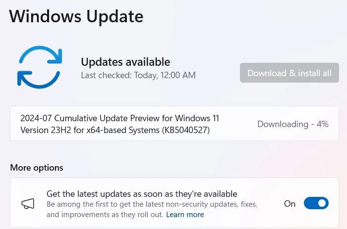 KB5040527 update for Windows 11, dated July 25, 2024.