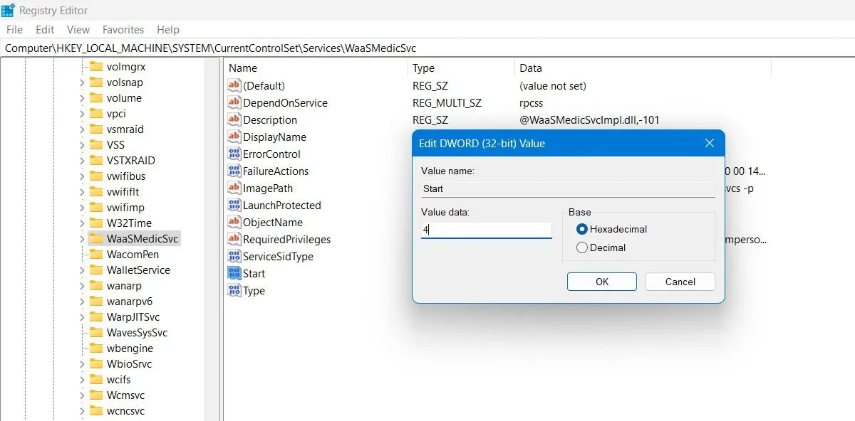 Change Start Value Data to 4 under WaaSMedicSvc.