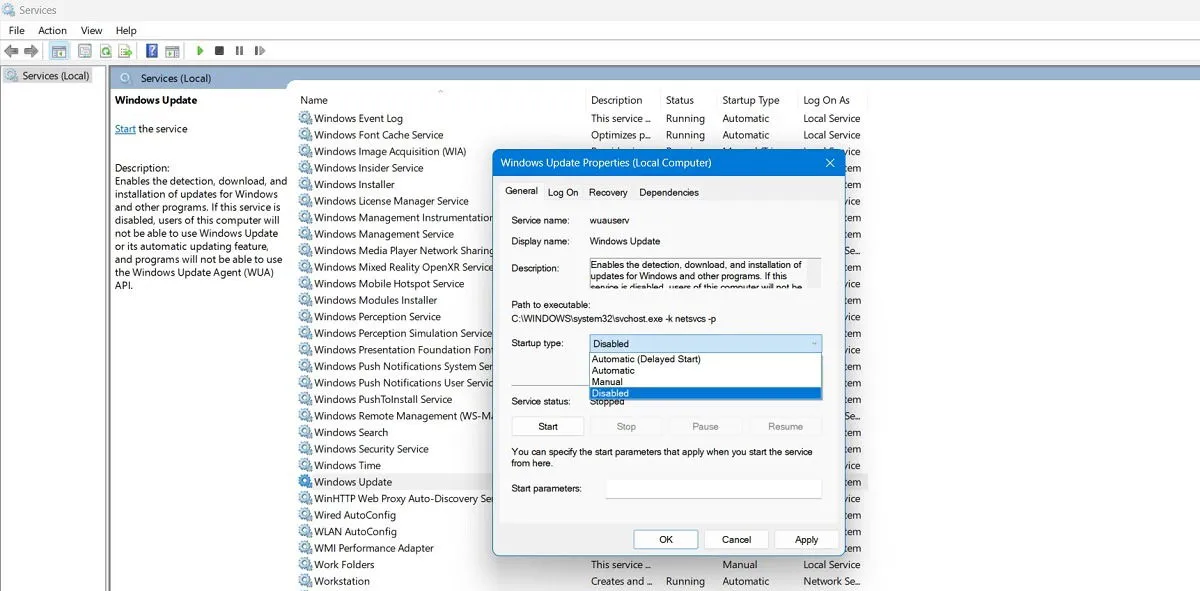 Startup type disabled in Windows Update Properties.