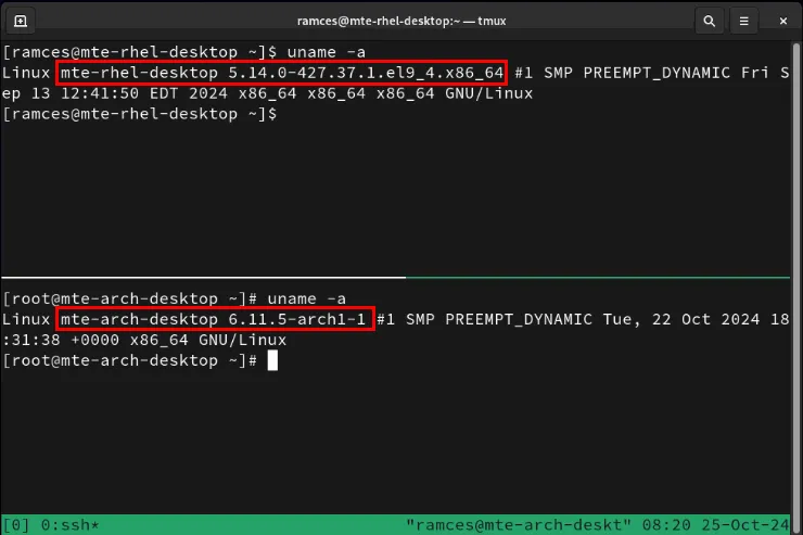 A terminal view comparing kernel versions of RHEL and Arch Linux.