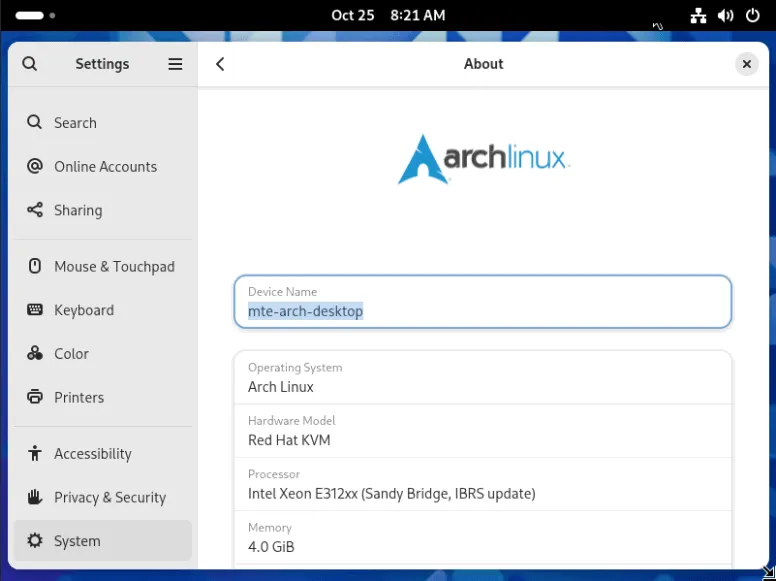 Arch Linux running the GNOME desktop environment.