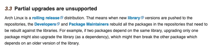 Arch documentation warning about partial upgrades.