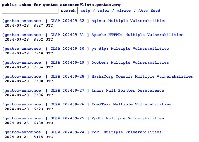 Gentoo Linux showing various security vulnerability advisories.