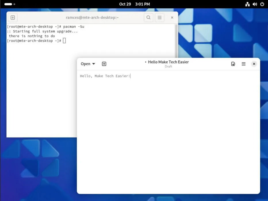 GNOME desktop environment running on Arch Linux.