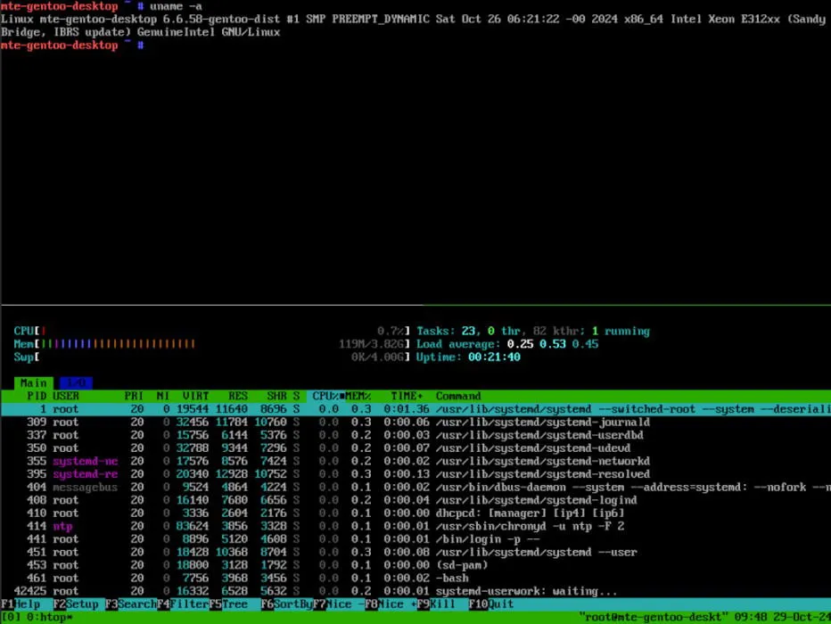 Sesión de terminal Gentoo Linux mostrando Tmux.