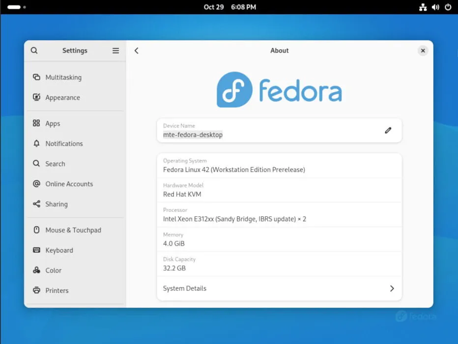 Screenshot of Fedora Rawhide showcasing its latest features.