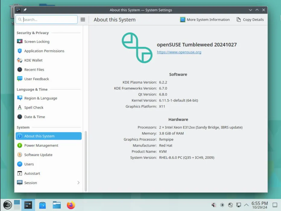 KDE Plasma 6 を実行している OpenSUSE Tumbleweed。