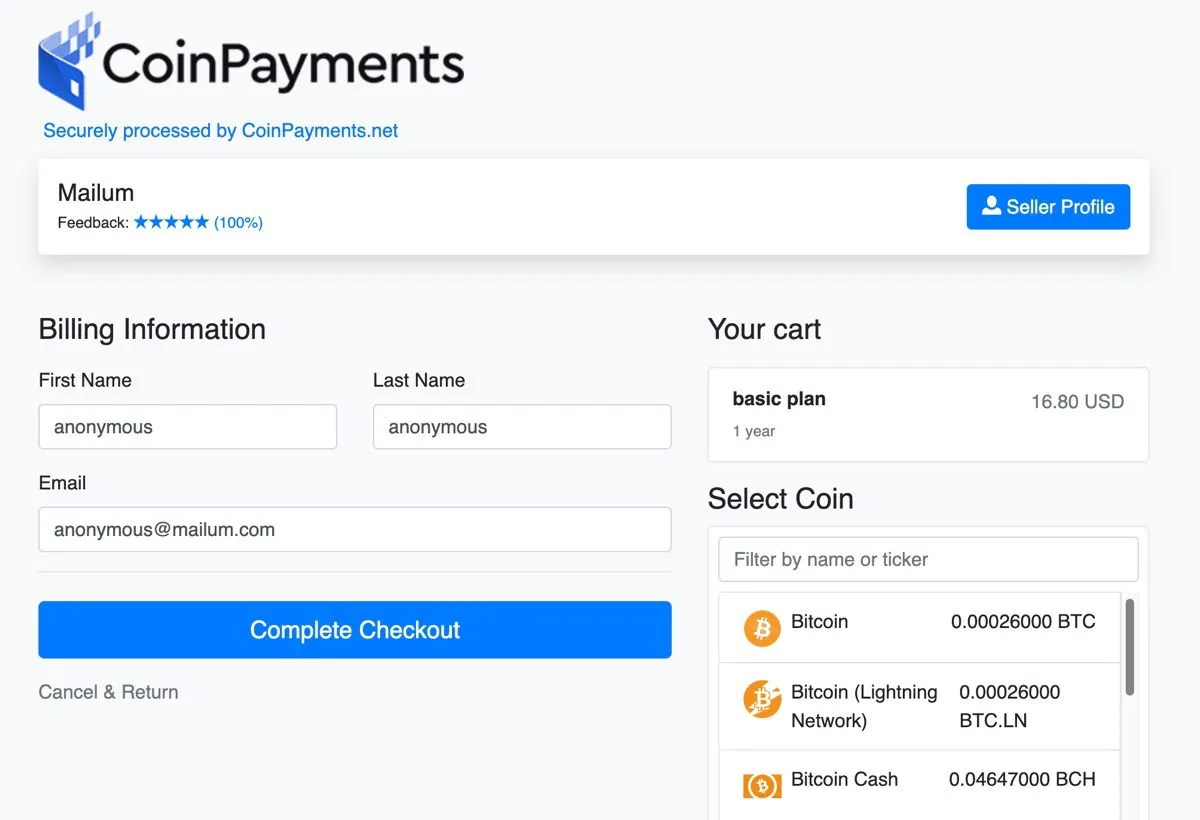 Mailum Cryptocurrency Payment Options