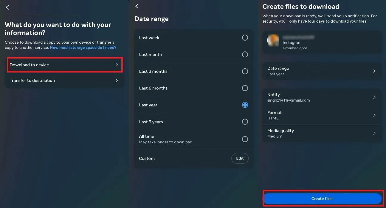 Creating files for download in the Meta Accounts Center.