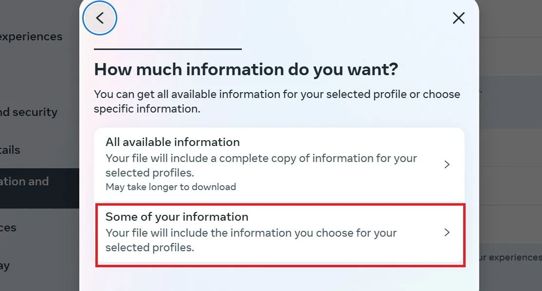 Meta Accounts Center prompting the user for information selection.