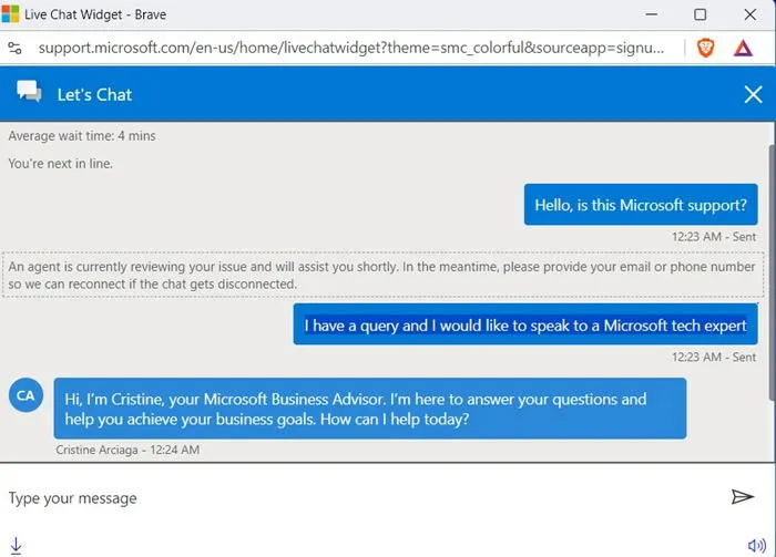 Chat en direct avec l'équipe d'assistance Microsoft.