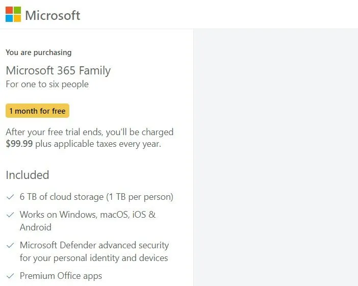 Microsoft 365 family plan offering 6 TB of cloud storage.