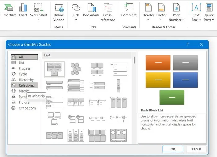 Funkcja SmartArt w wersji offline programu Microsoft Word.