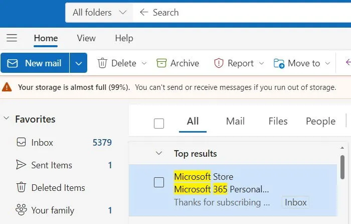 El almacenamiento de la cuenta de Outlook está próximo a alcanzar su capacidad máxima, lo que requiere una suscripción a Microsoft 365.