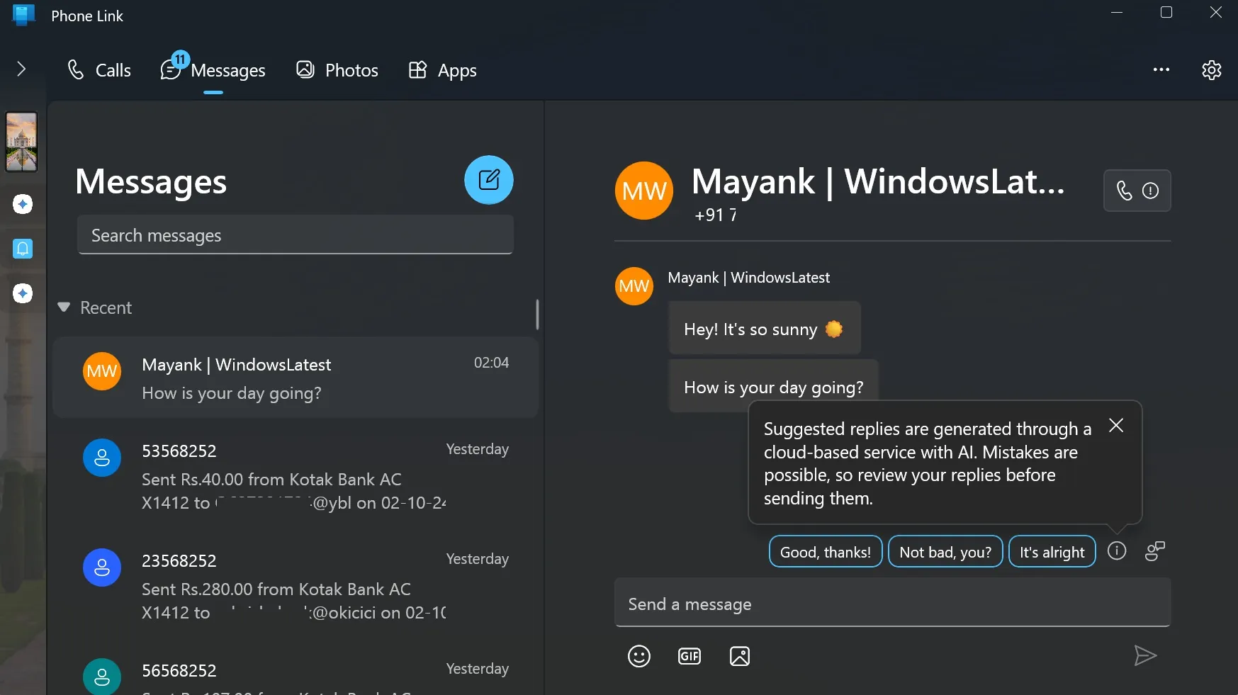 Microsoft Phone Link AI suggested replies