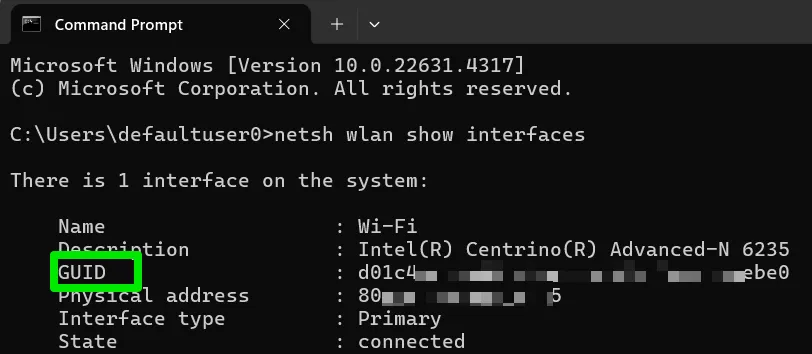 Network GUID displayed in Command Prompt