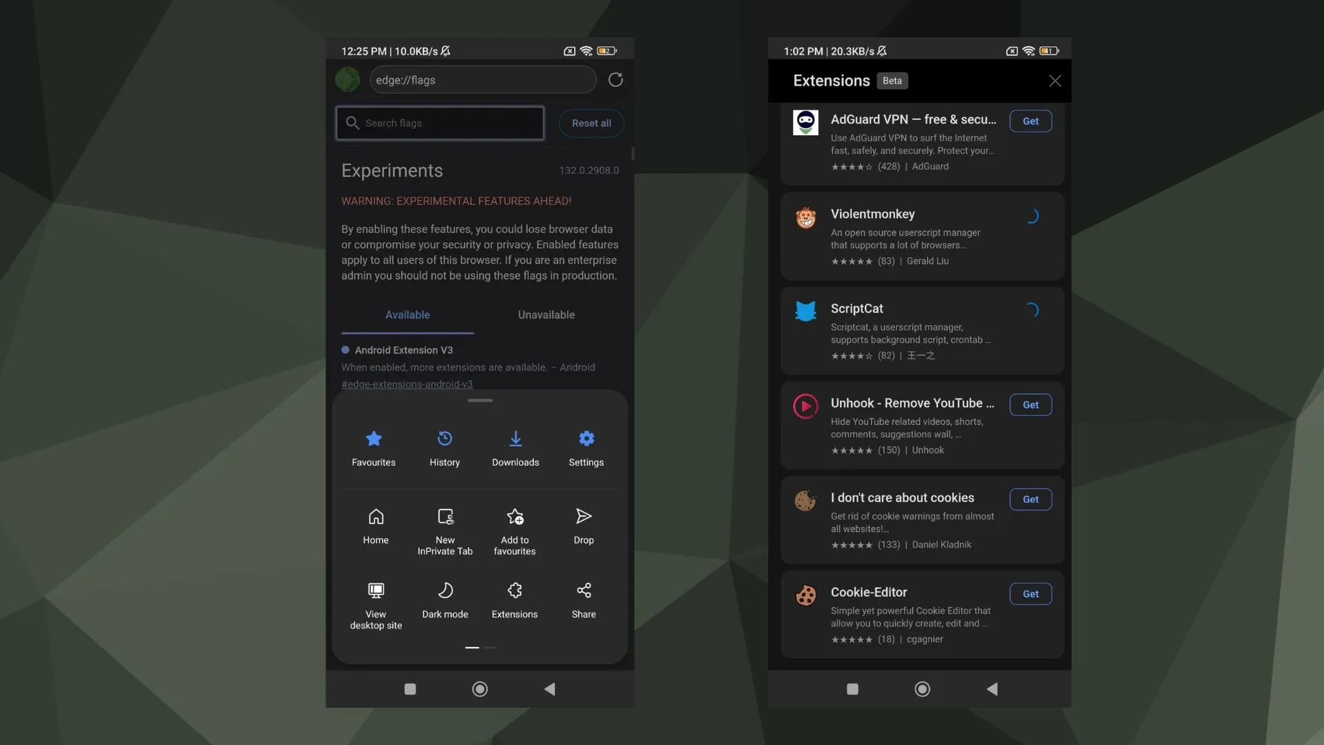 nieuwe verborgen extensies in Edge canary Android mobiel