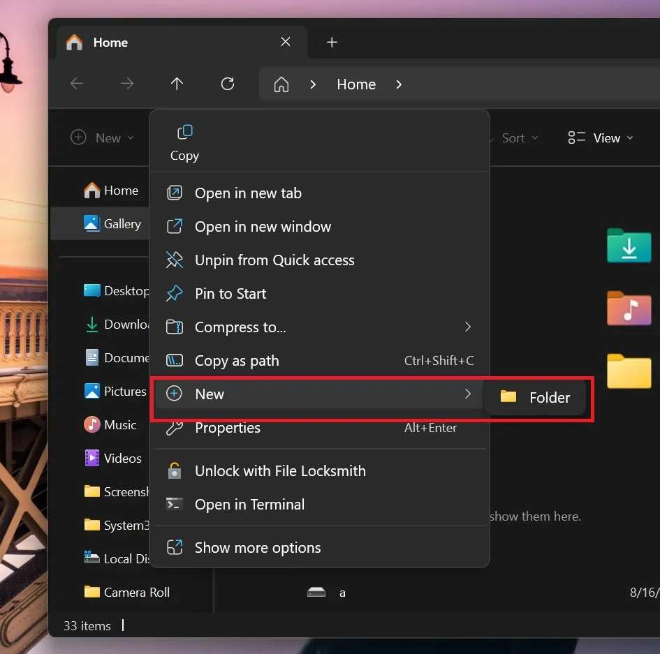 Nova opção no menu de contexto do Windows 11 24H2 File Explorer