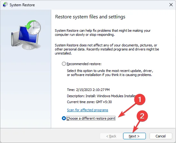 Choisissez ensuite un autre point de restauration - CRITICAL_INITIALIZATION_FAILURE