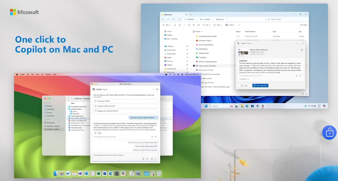 ações de arquivo onedrive abertas no aplicativo copilot windows macOS