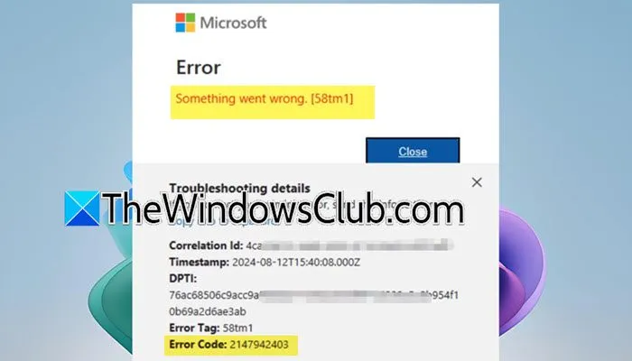 Etiqueta de error de Outlook 58tm1