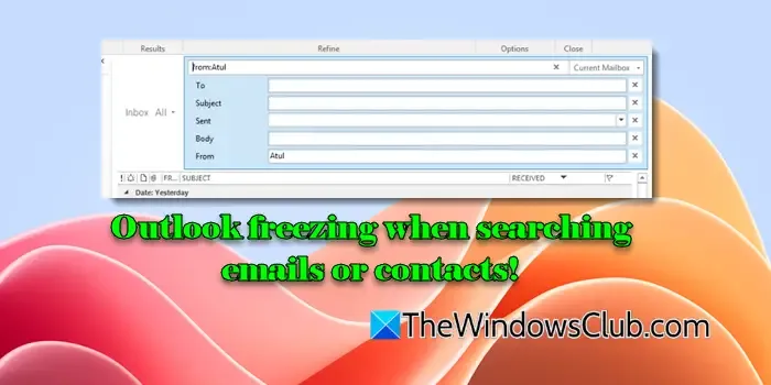 Outlook freezing during email or contact searches